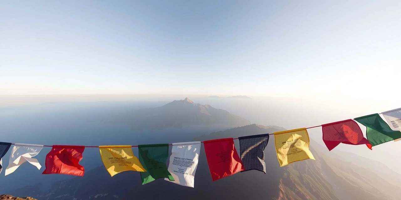 Paysage montagnard avec des drapeaux de prière éprouvés